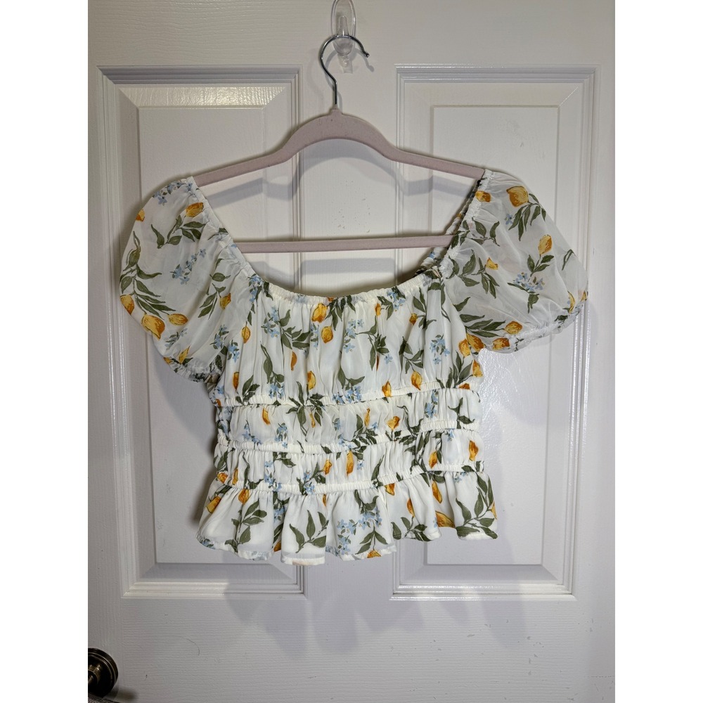 Japna‎ Smocked Shirred Lemon Floral Print Puff Sleeve Crop Top Size Small